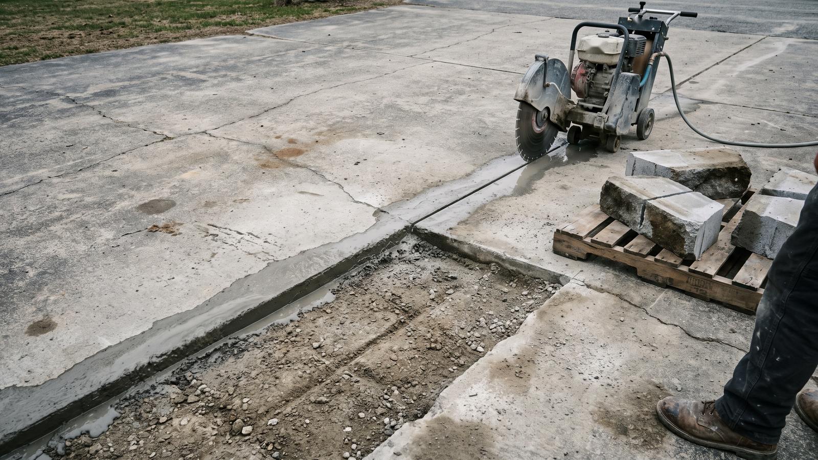 A walk-behind concrete saw beside a straight saw cut in a driveway, with a section lifted out to the gravel base and cut pieces on a pallet
