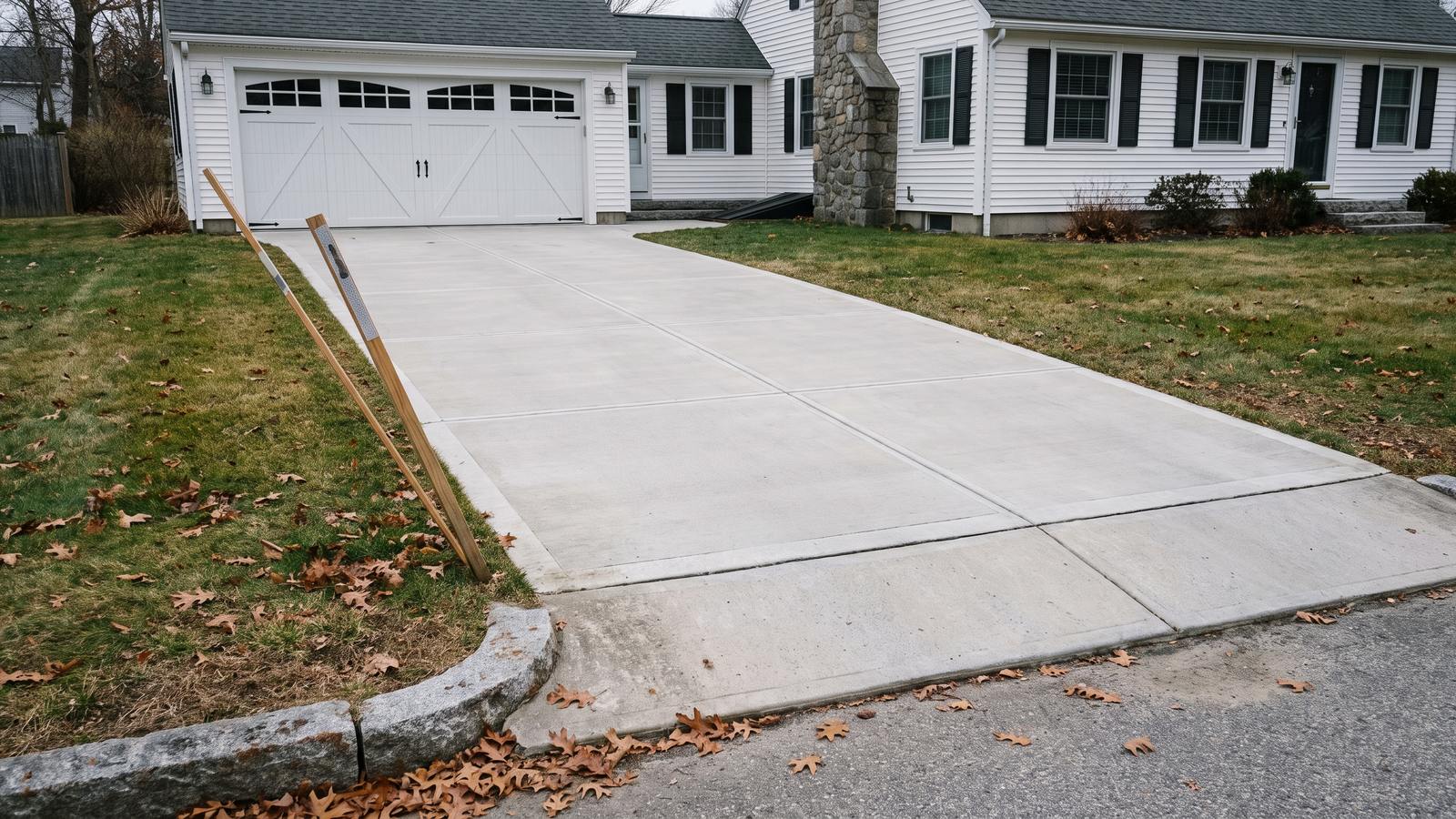 A long concrete driveway with saw-cut control joints leading to a garage beside a white clapboard house