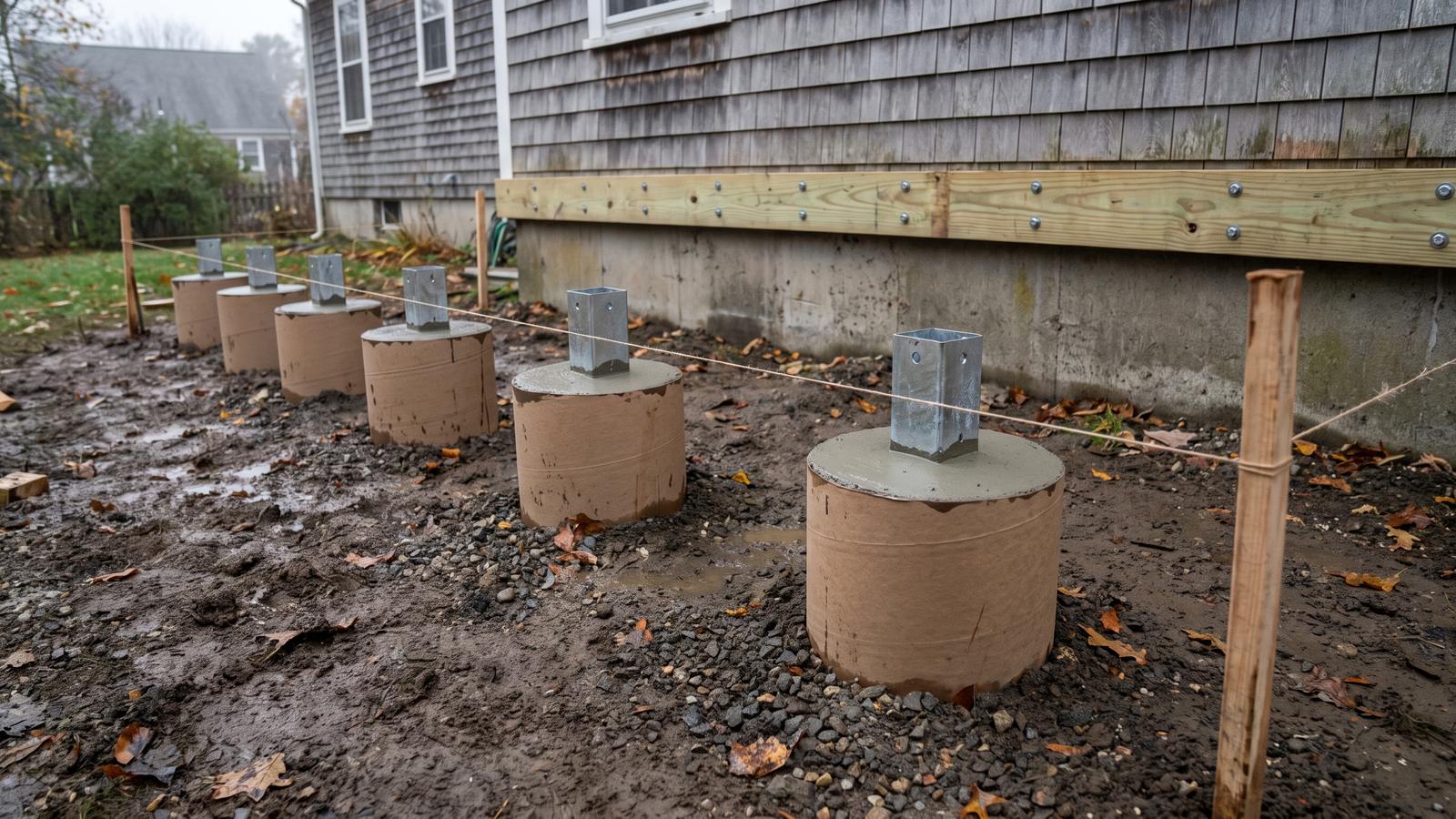A row of freshly poured concrete piers in tube forms with galvanized post bases, beside a house foundation with a new ledger board