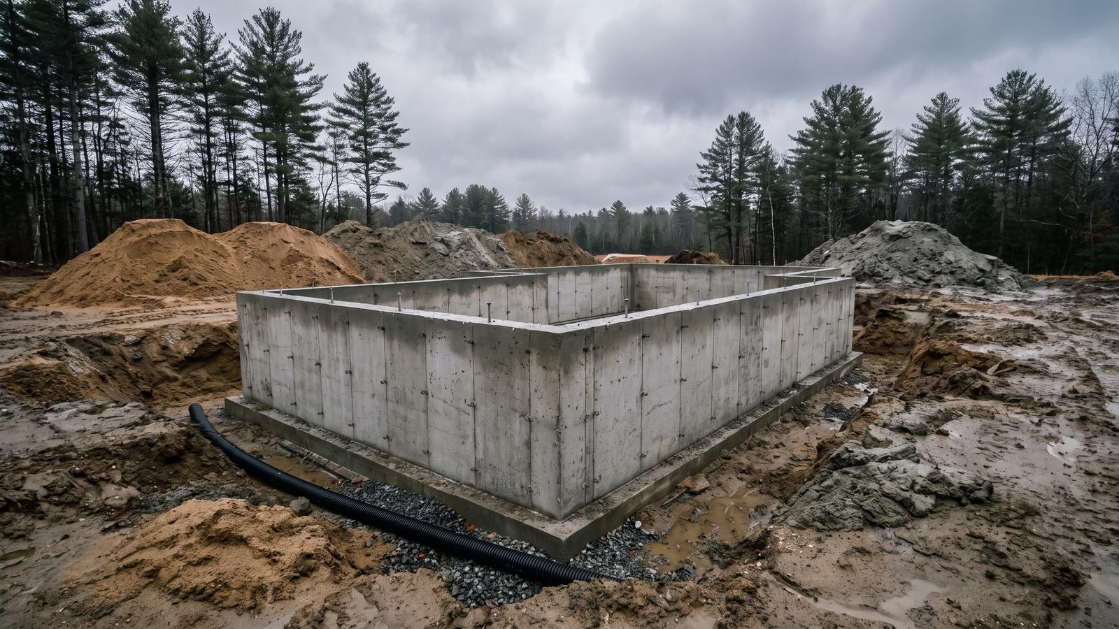 Poured concrete foundation walls standing in an excavation for a new house, with pine woods behind