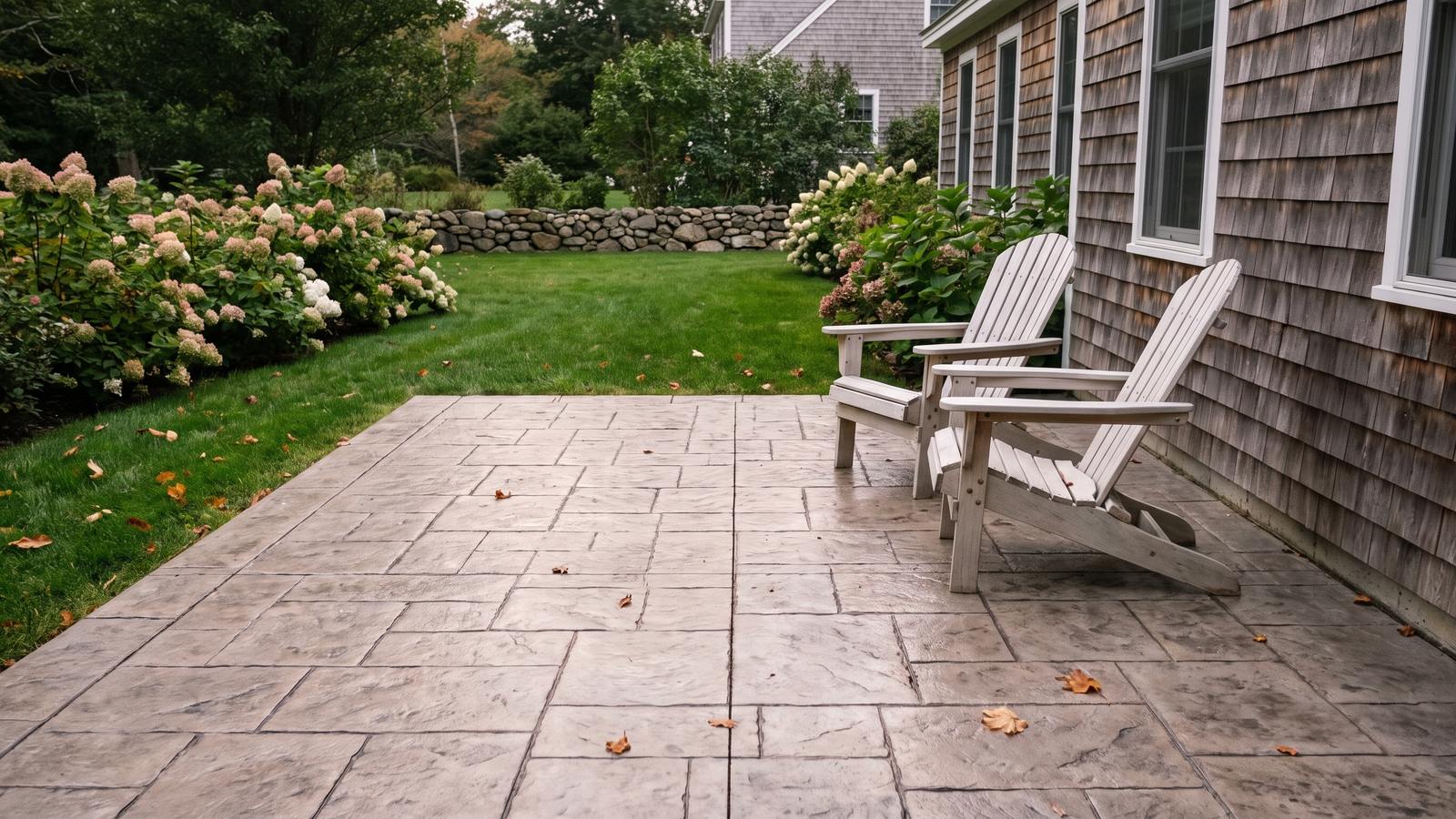A stamped concrete patio in a stone pattern behind a shingled house, with two wooden Adirondack chairs