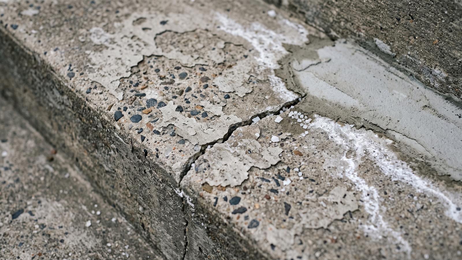 Old concrete steps with a flaking, scaled surface and a crack beside a patched section
