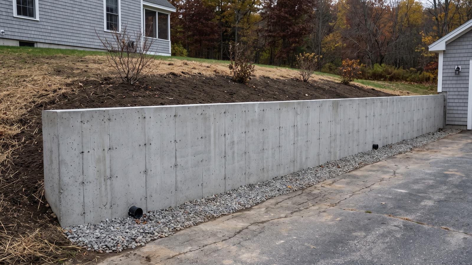 A poured concrete retaining wall holding back a sloped yard beside a driveway, with crushed stone and drain outlets along its base