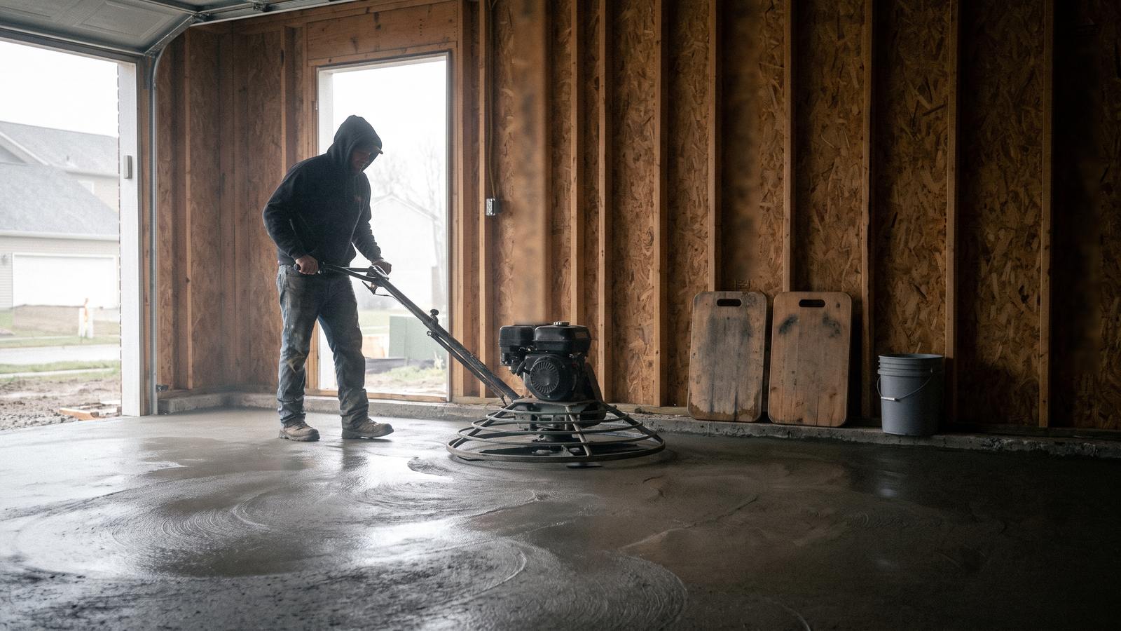 A power trowel finishing a new concrete garage floor inside a wood-framed garage