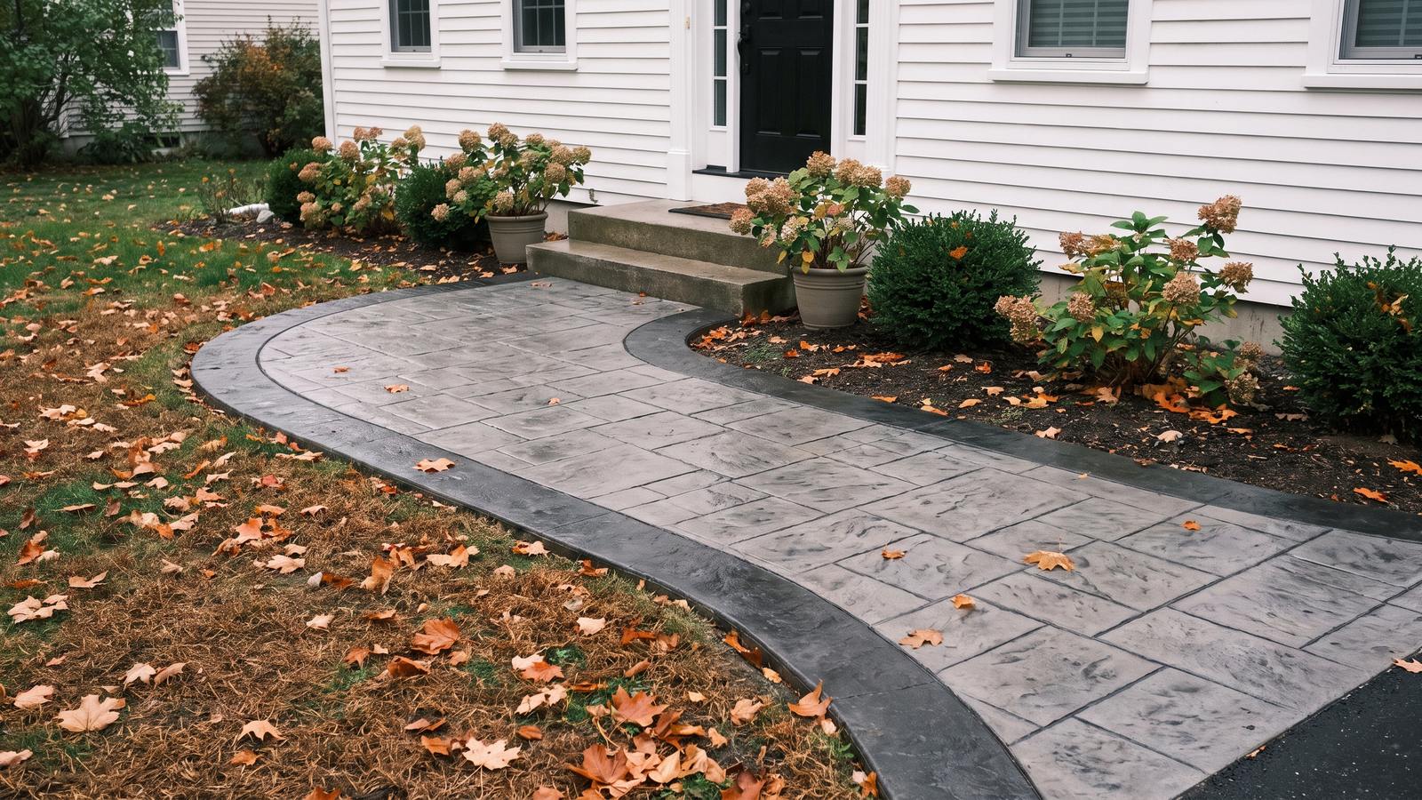 A stamped concrete front walk in a gray slate pattern with a charcoal border, curving to two concrete steps at a white clapboard house