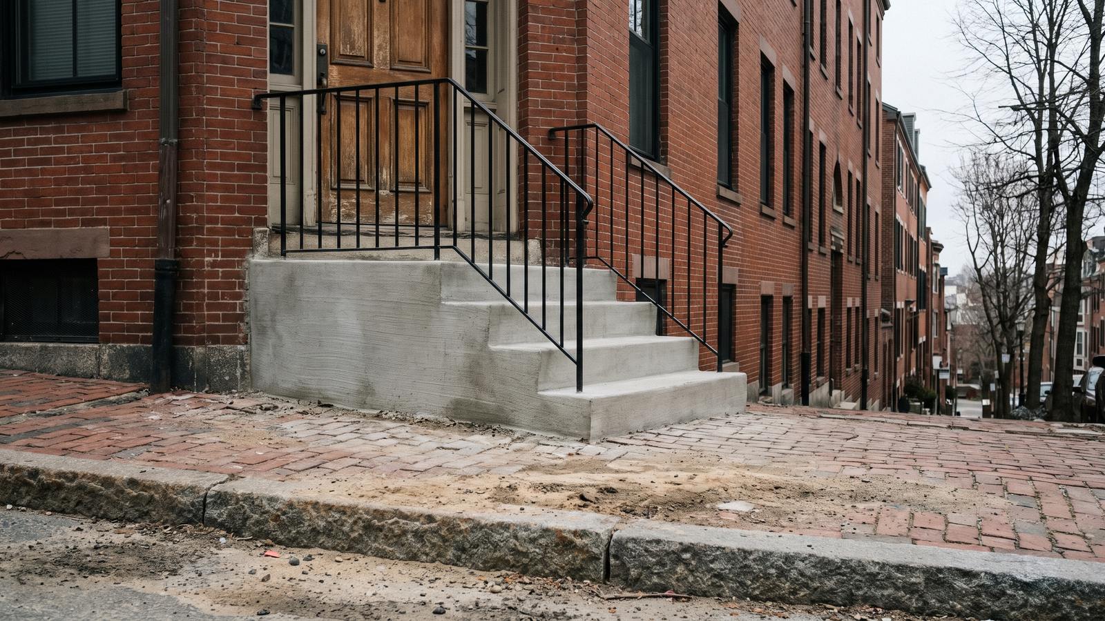New poured concrete front steps with a black iron railing leading to the door of a brick row house