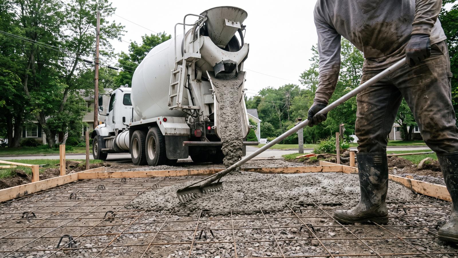A ready-mix truck's chute pouring concrete into wooden driveway forms over a gravel base